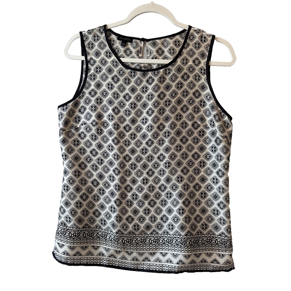 Talbots Satin Black White Medallion Shell Sleeveless Top XS‎ Boho Chic Summer